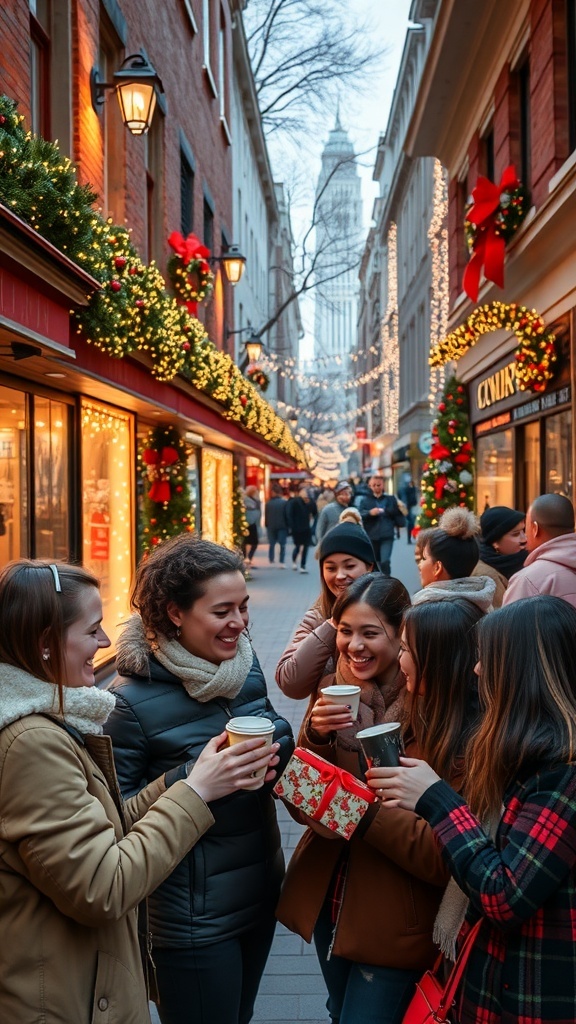 A lively downtown Christmas scene with friends exchanging gifts and festive decorations.